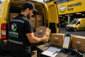 Entregador organizando pacotes para fazer entregas do Mercado Livre