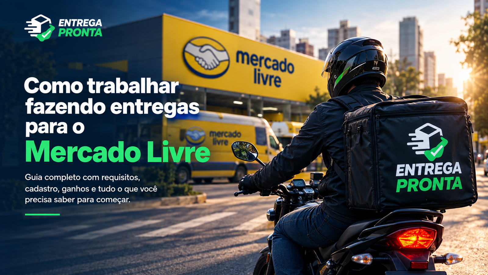 Entregador de moto trabalhando para o Mercado Livre com mochila de entregas em área urbana