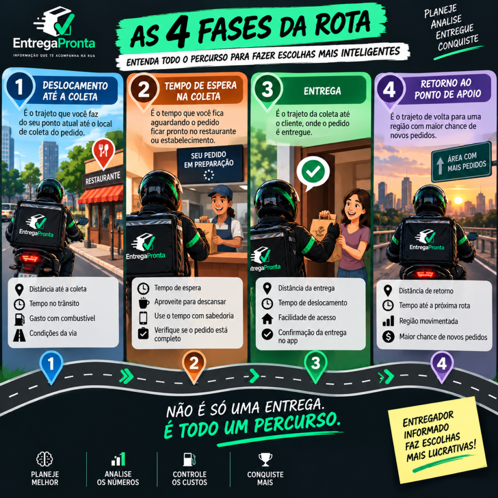 Infográfico com coleta, espera, entrega e retorno usados para analisar uma rota de entrega