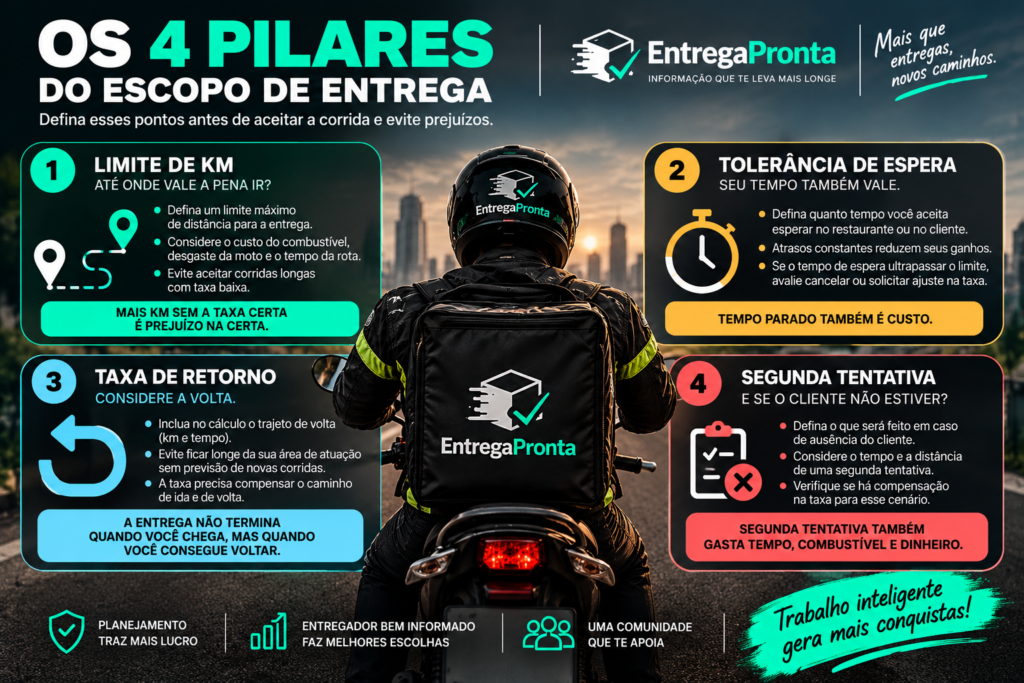 Infográfico mostrando os 4 pilares do escopo de entrega: limite de km, tolerância de espera, taxa de retorno e segunda tentativa