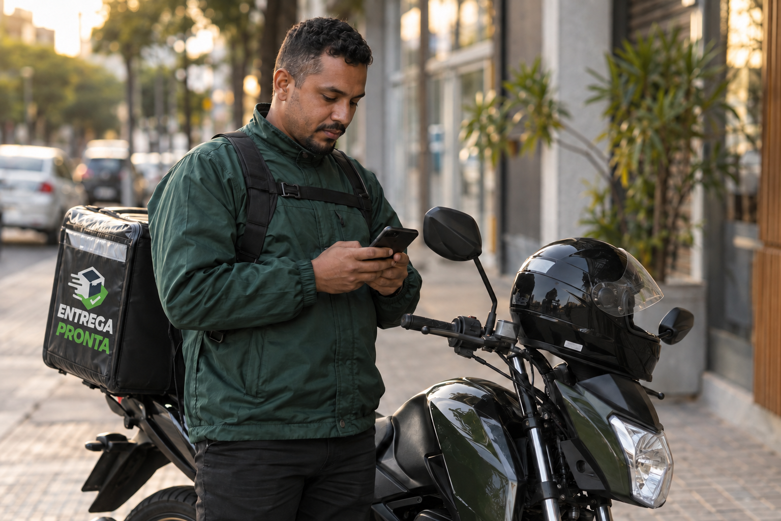 Entregador ao lado da moto conferindo informações no celular.