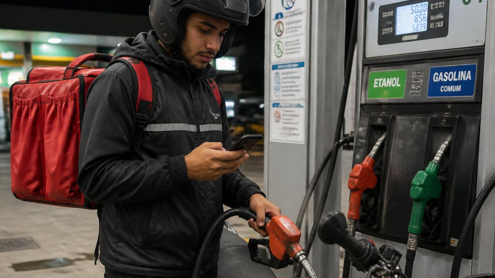 Entregador abastecendo moto para calcular o gasto de combustível por mês