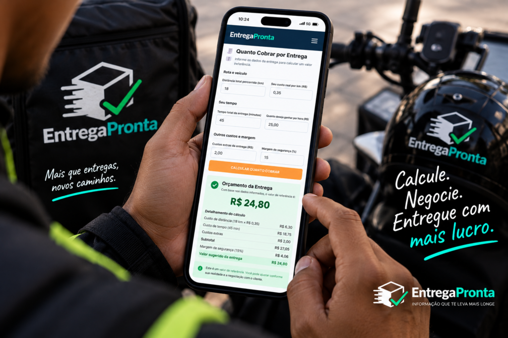 Entregador usando a Calculadora Quanto Cobrar por Entrega do EntregaPronta no smartphone