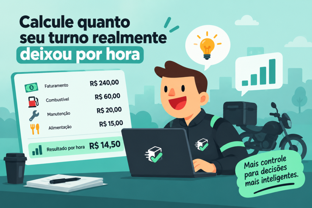 Entregador calculando faturamento, custos e resultado por hora do turno