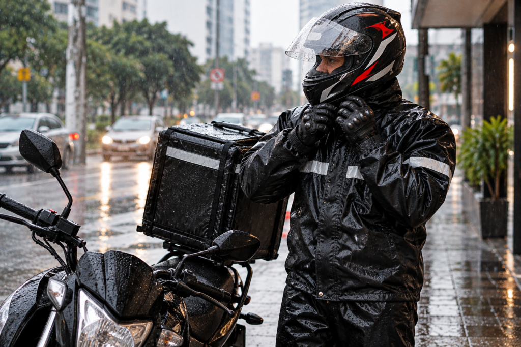 Motoboy equipado com capa de chuva, capacete e luvas em cenário urbano