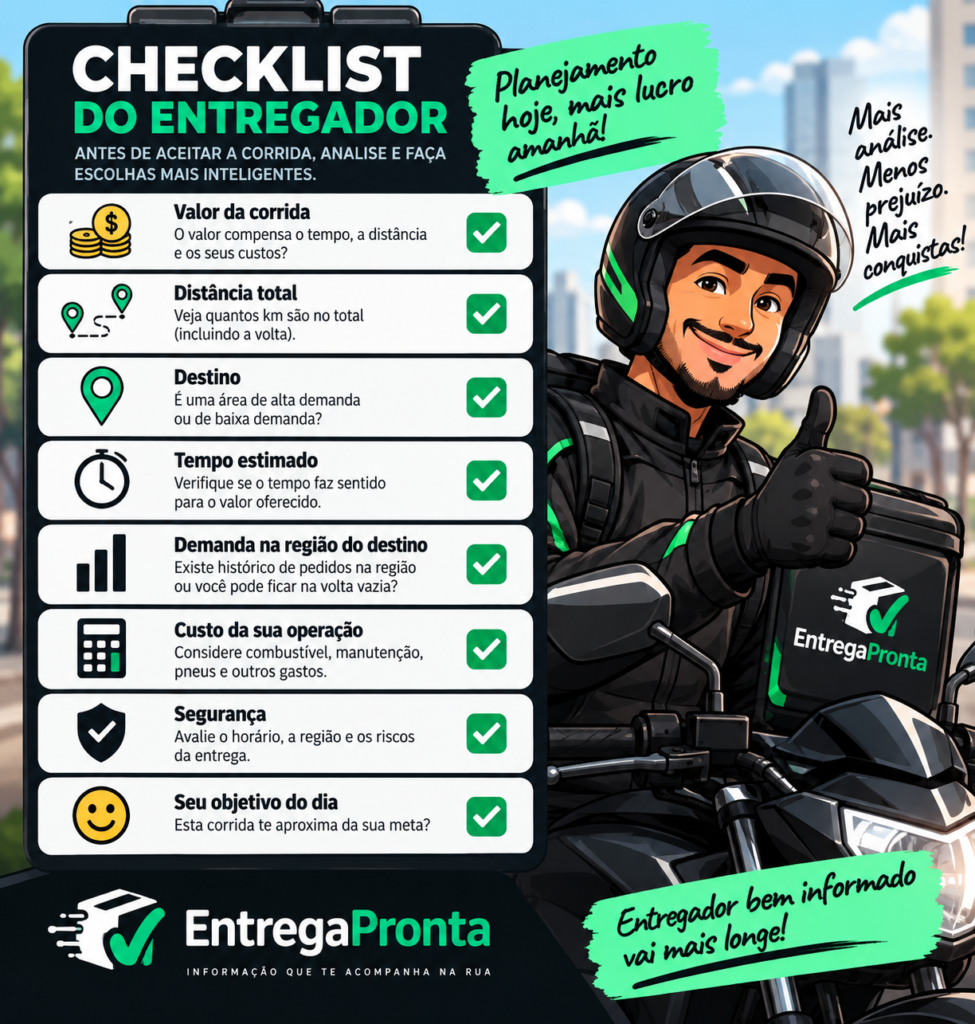 Ilustração vetorial com checklist do entregador para analisar uma corrida antes de aceitar
