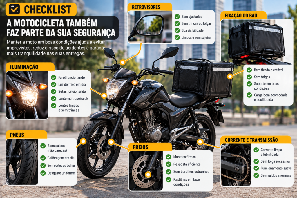 Checklist de segurança da moto para entregas com pneus, freios, iluminação, retrovisores e baú