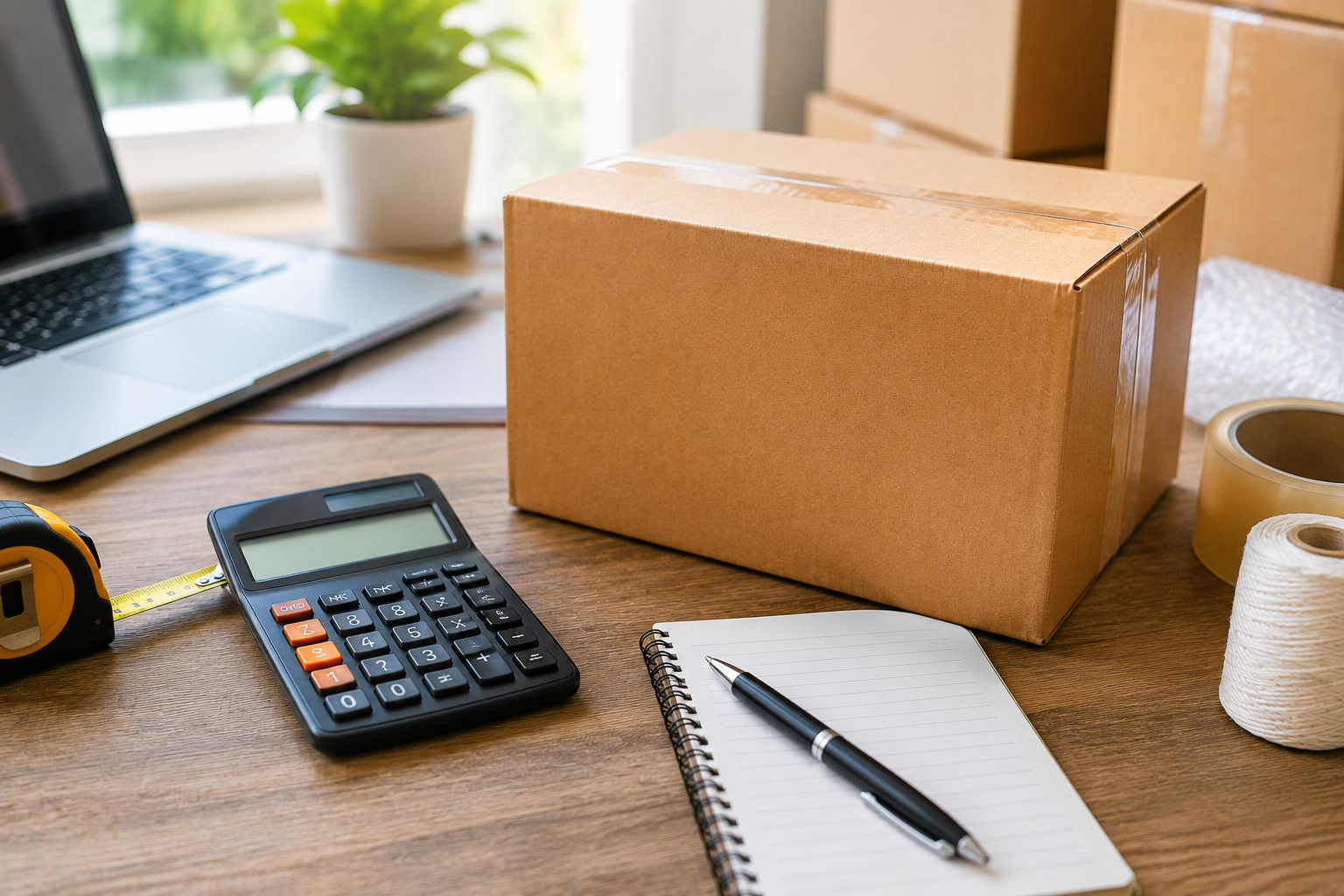 Caixa para envio ao lado de calculadora e materiais de embalagem para calcular o frete