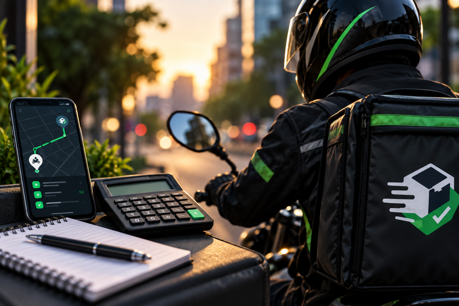 Entregador de moto com calculadora e celular para calcular o ganho por hora nas entregas