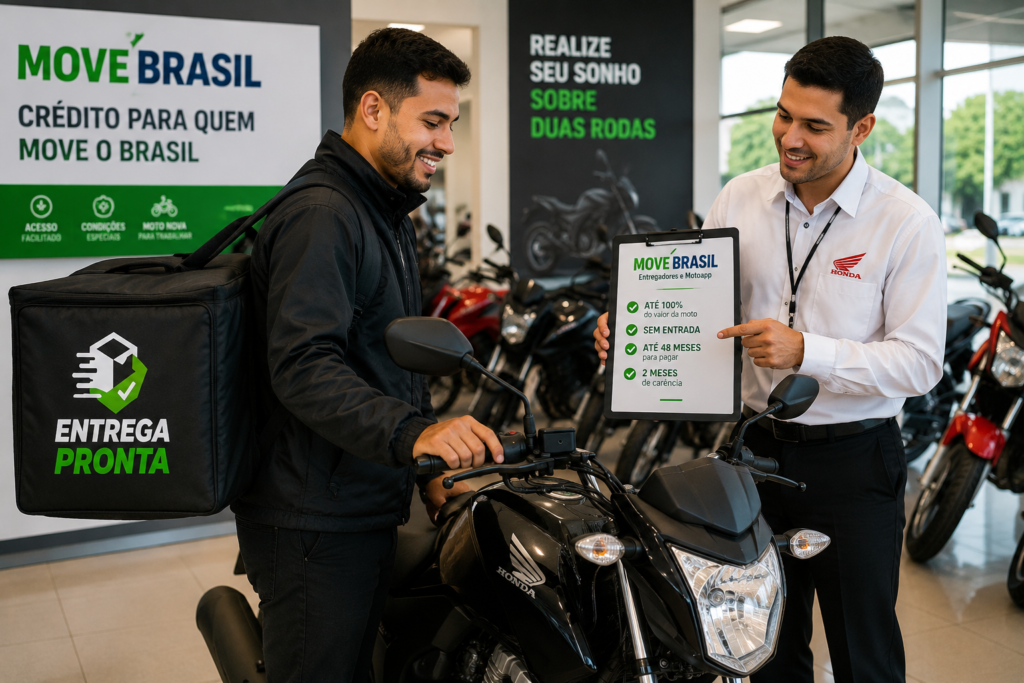 Entregador analisando financiamento de moto pelo programa Move Brasil