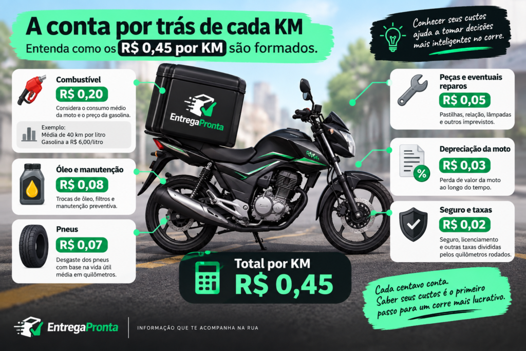 Infográfico detalhando a divisão dos R$ 0,45 de custo por km rodado de moto nas entregas