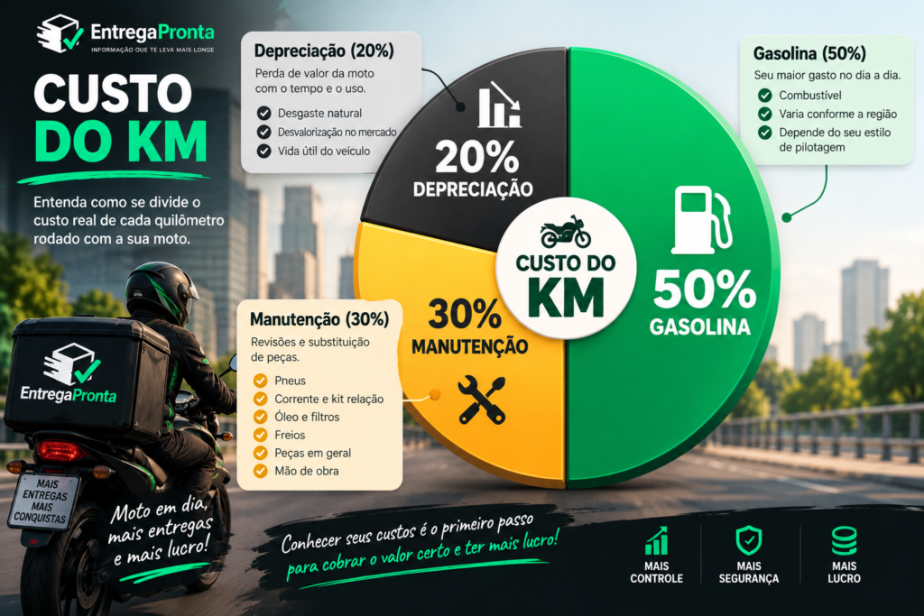Infográfico do custo por km da moto dividido em gasolina 50%, manutenção 30% e depreciação 20%
