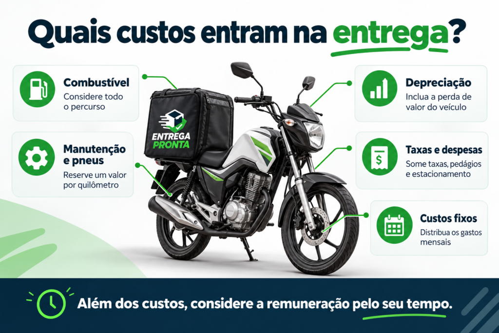 Moto com mala EntregaPronta e os custos de combustível, manutenção, pneus, depreciação, taxas e despesas fixas.