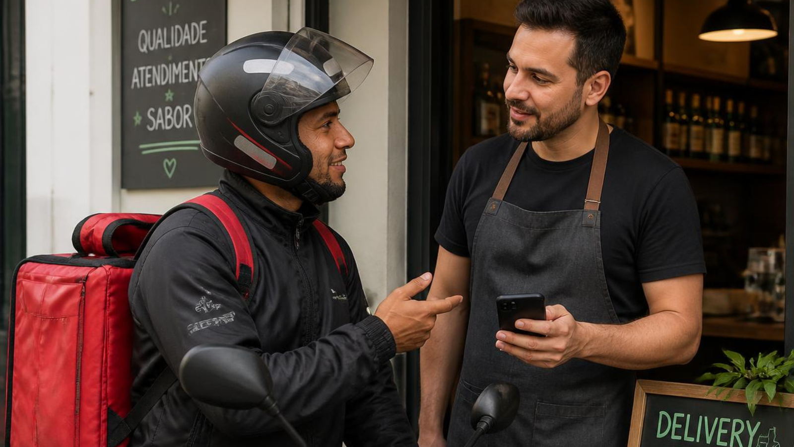 Entregador de moto conversando e alinhando entregas com o dono de um estabelecimento comercial