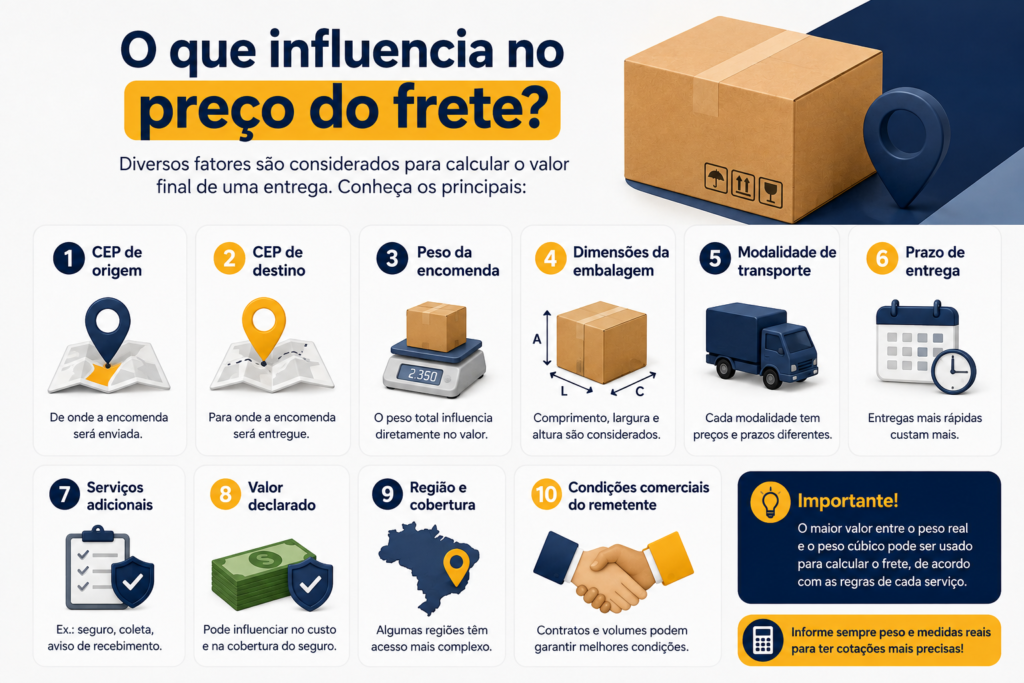 Fatores que influenciam o preço do frete, como origem, destino, peso, dimensões, modalidade e prazo de entrega