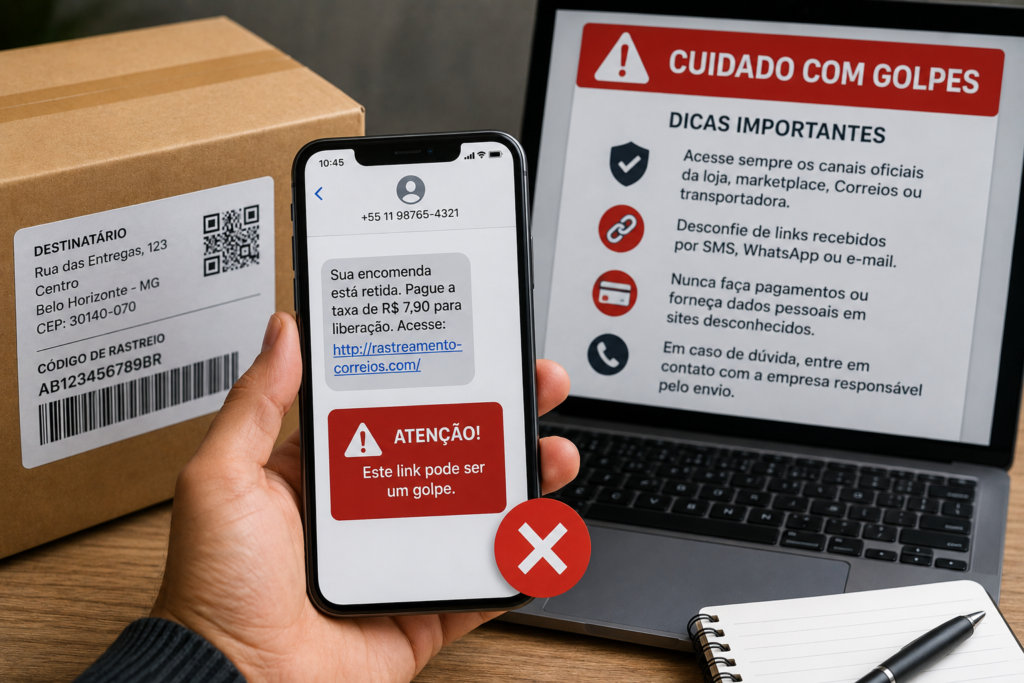 Golpe de rastreamento de encomenda com cobrança e link falso
