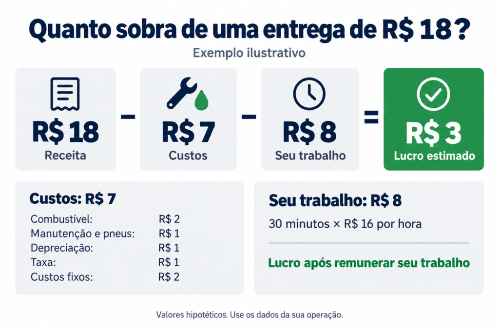 Entrega de R$ 18 com R$ 7 de custos, R$ 8 de remuneração e R$ 3 de lucro estimado.