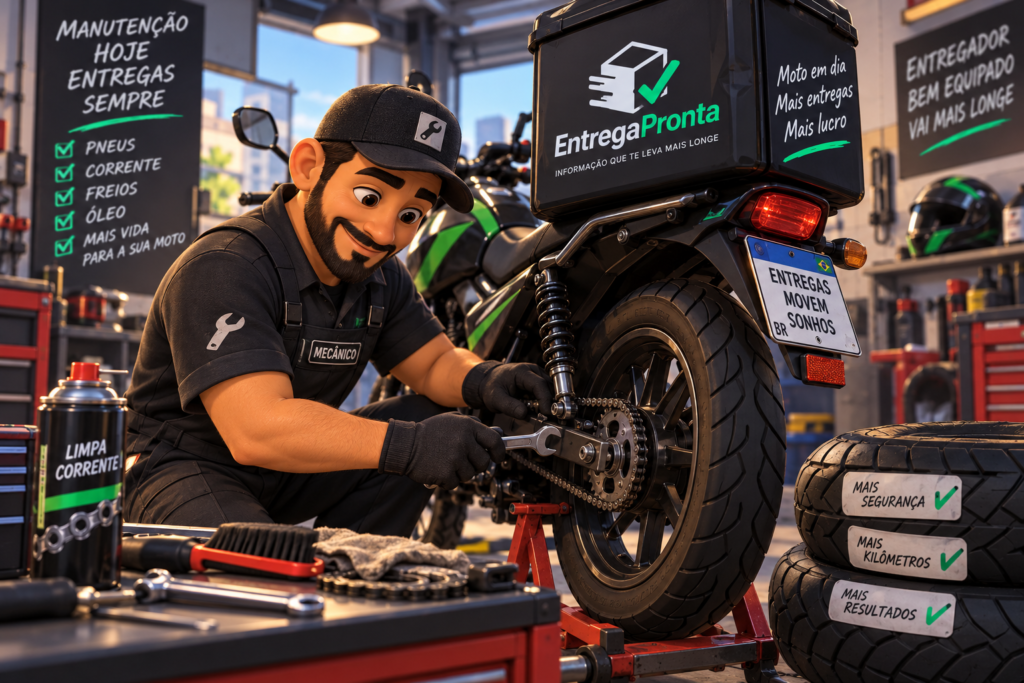Mecânico fazendo manutenção na corrente e nos pneus de uma motocicleta usada para entregas