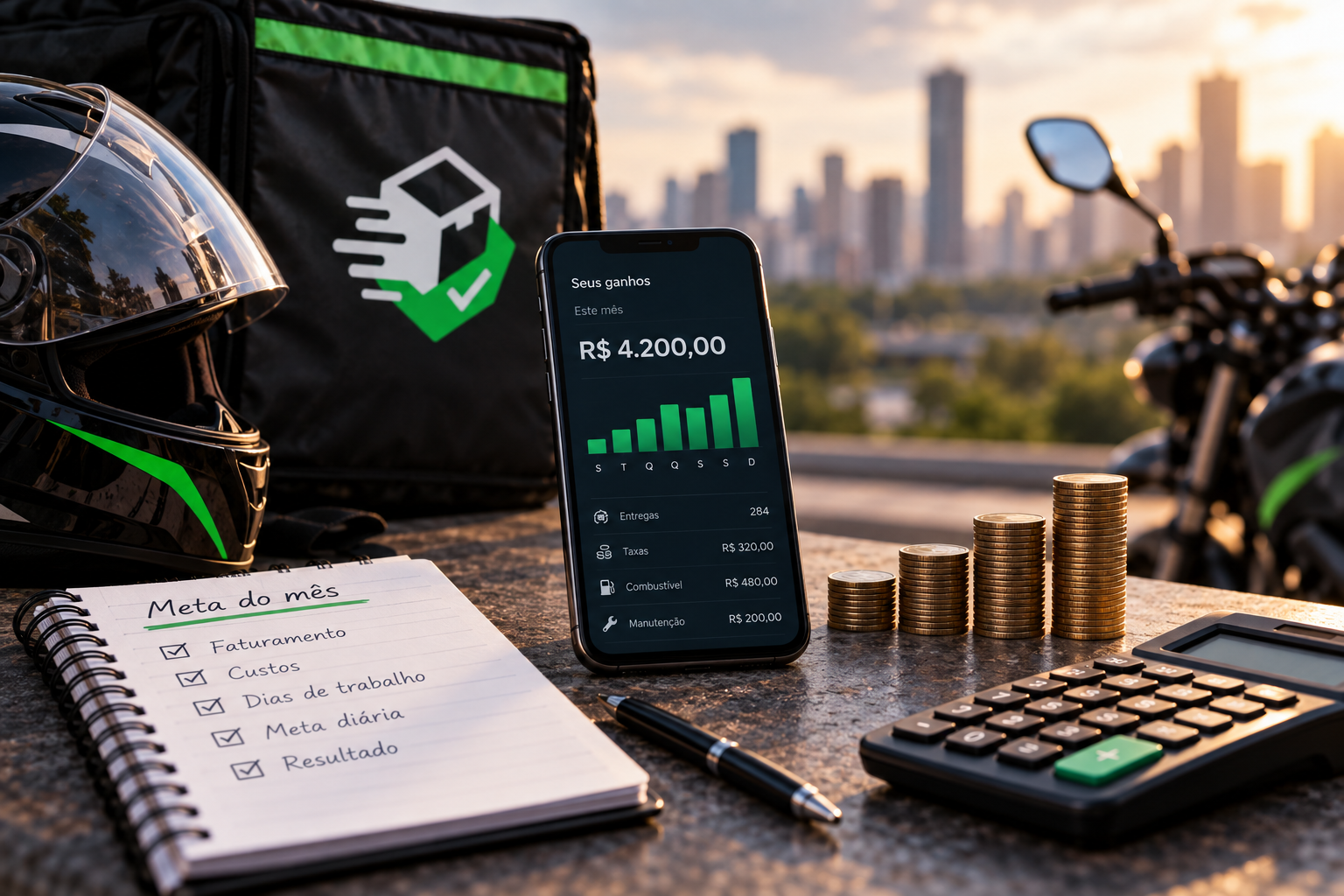 Planejamento de meta de ganhos mensal com entregas usando calculadora, celular e controle de custos