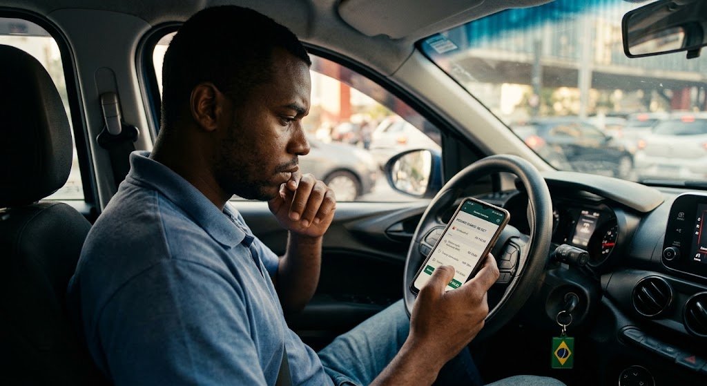 Motorista de aplicativo calculando ganhos e despesas no celular ao lado do carro em um posto de combustível.