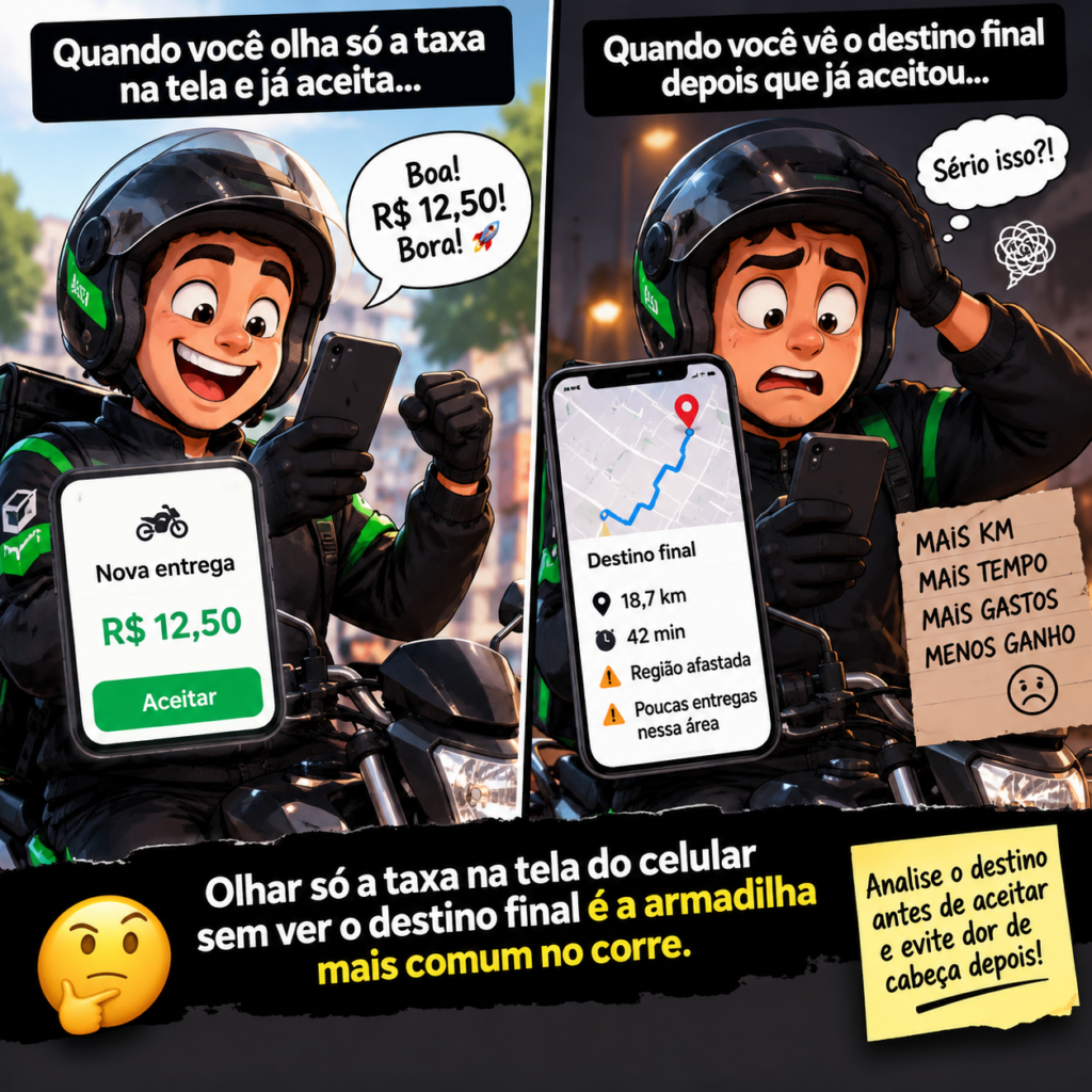 Meme de entregador que aceita uma corrida olhando apenas a taxa e depois percebe que o destino é distante