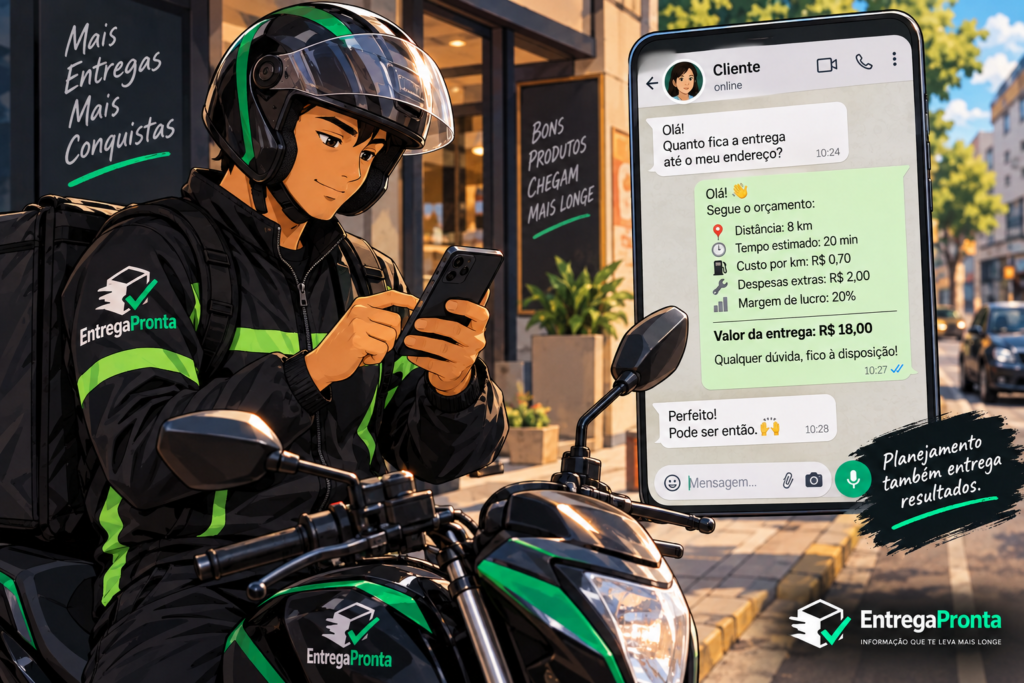 Entregador calculando quanto cobrar por entrega e preparando orçamento para cliente pelo WhatsApp