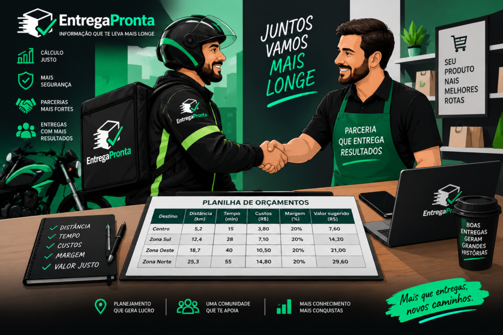 Ilustração de entregador e lojista apertando as mãos sobre planilha de orçamento de entregas