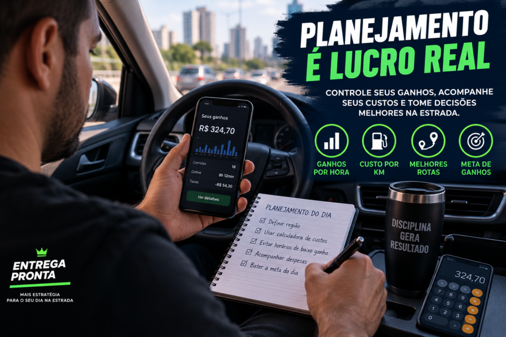 Motorista de aplicativo acompanhando custos, quilometragem, horários e resultado do trabalho
