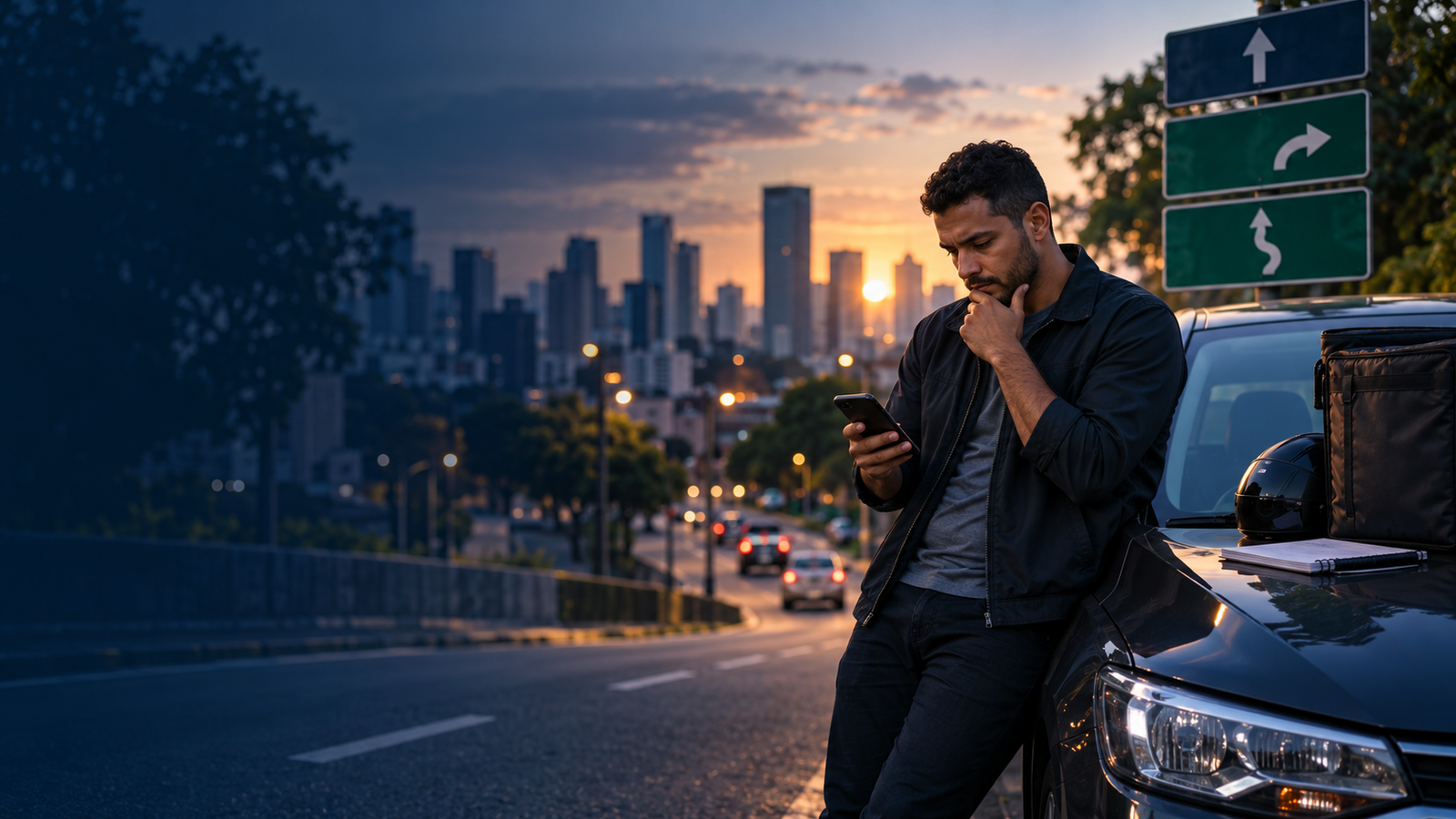 Motorista de aplicativo ao lado do carro analisando o celular e pensando em um plano B de renda em 2026.