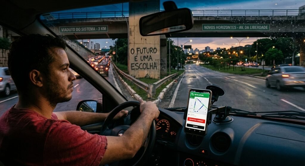 Motorista de aplicativo ao lado do carro diante de uma bifurcação urbana, simbolizando a busca por um plano B.