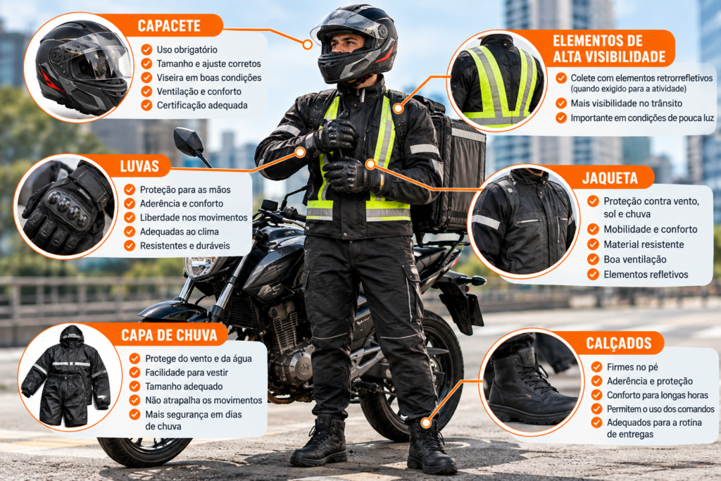 Principais equipamentos de segurança para motoboy com capacete, luvas, jaqueta e calçados