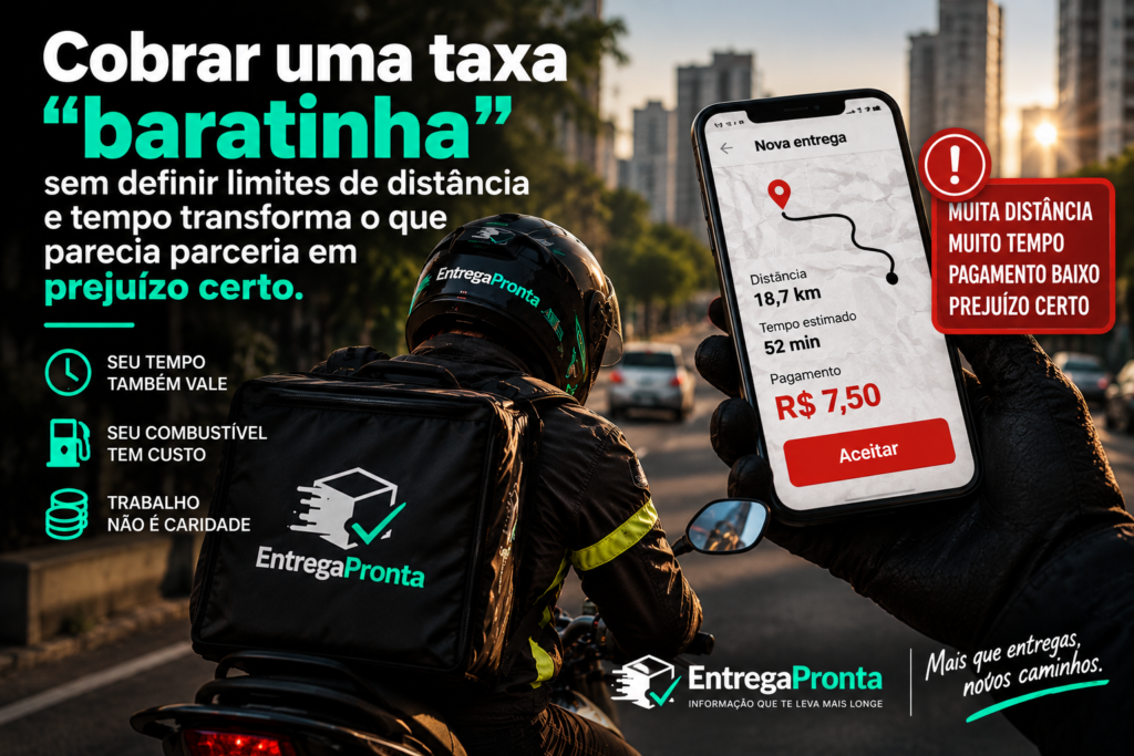 Entregador analisando taxa baixa de entrega com muita distância e tempo de rota