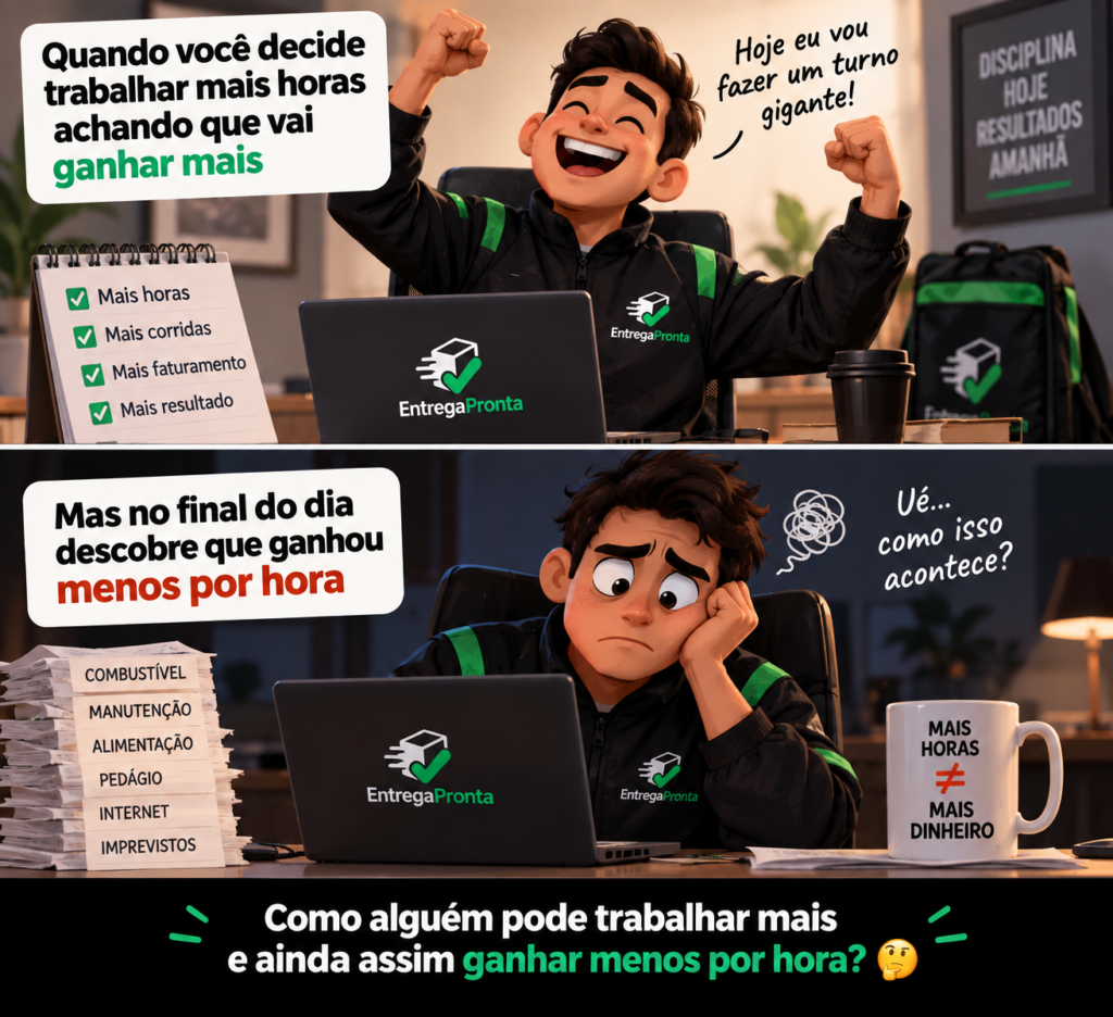 Meme sobre trabalhar mais e ganhar menos nas entregas ao analisar o resultado por hora