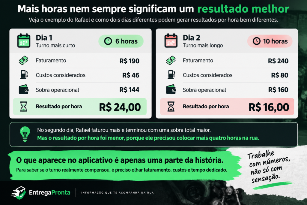Comparação mostrando como trabalhar mais horas pode reduzir o resultado por hora nas entregas
